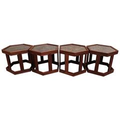 Set of Four Walnut and Glass Side Tables by John Keal for Brown Saltman