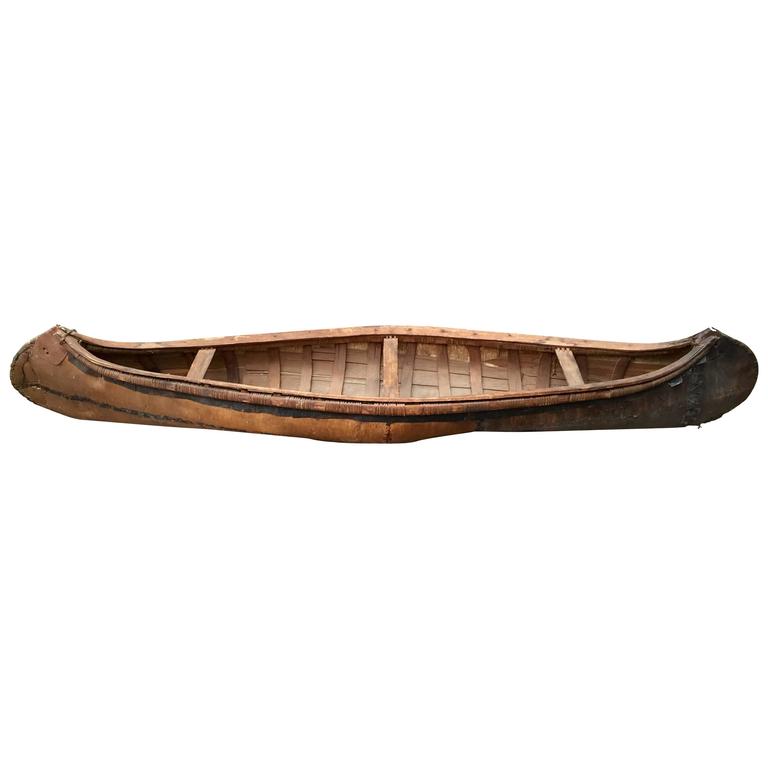 Rare Size circa 1900 Birch Bark Indian Canoe Model For 