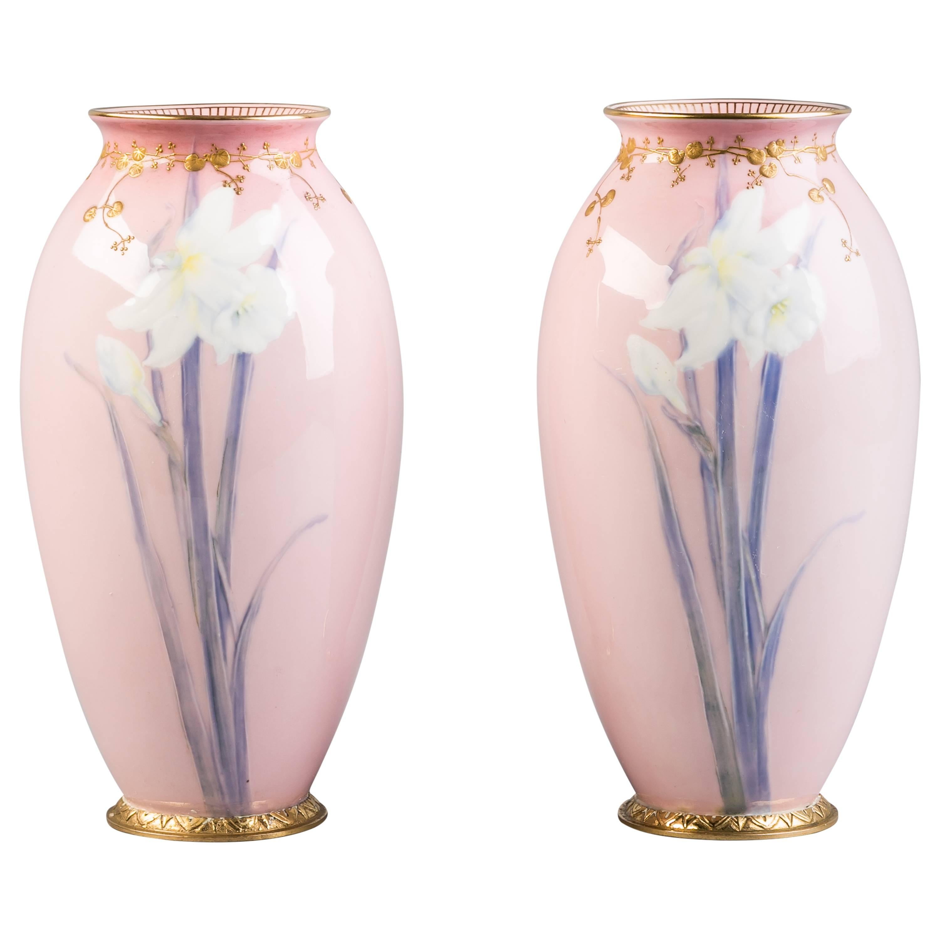 Pair of English Porcelain Gilt Bronze Mounted Pate-Sur-Pate Vases, circa 1900 For Sale