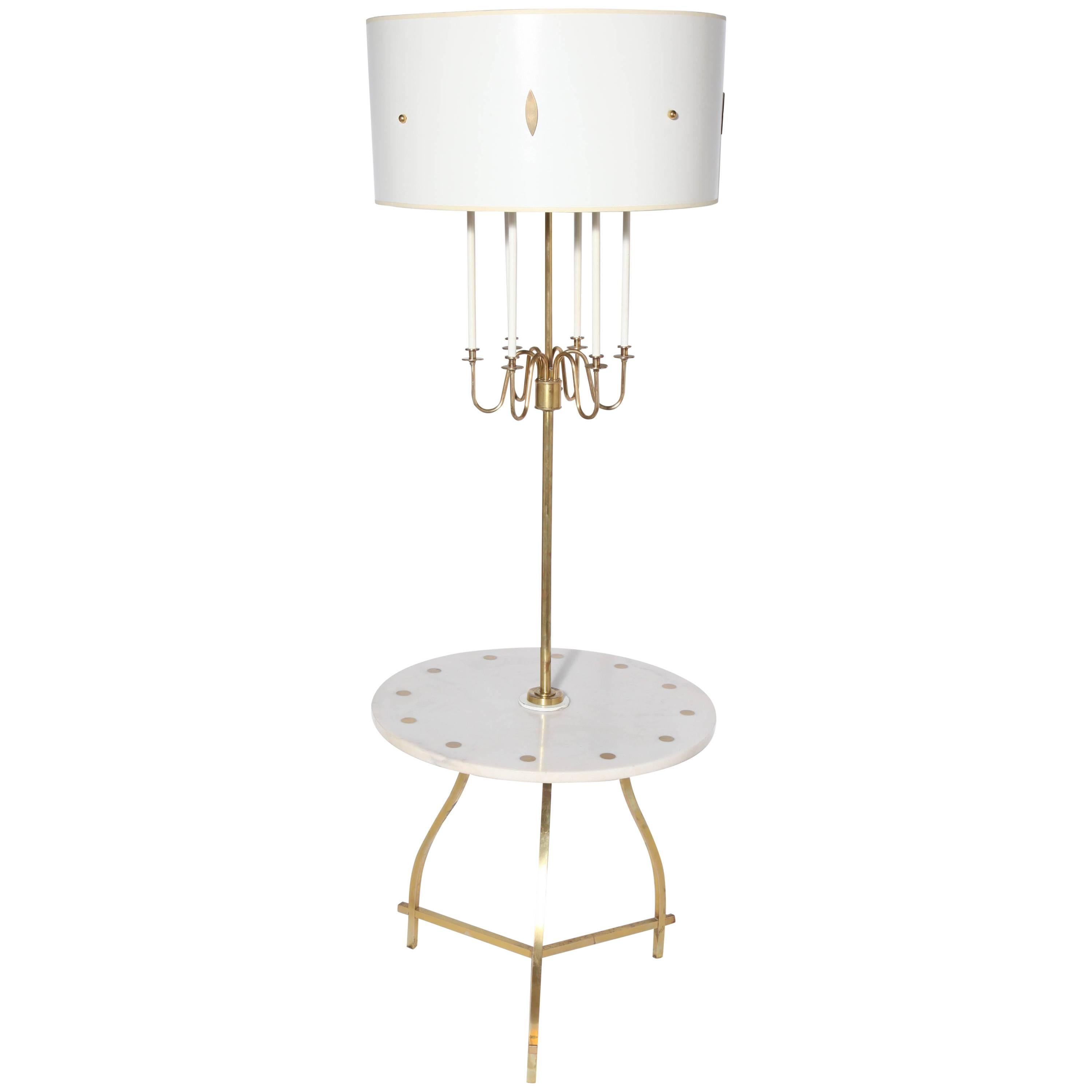 Tommi Parzinger Style Marble, Brass, Shaded Candlestick Side Table Floor Lamp  For Sale