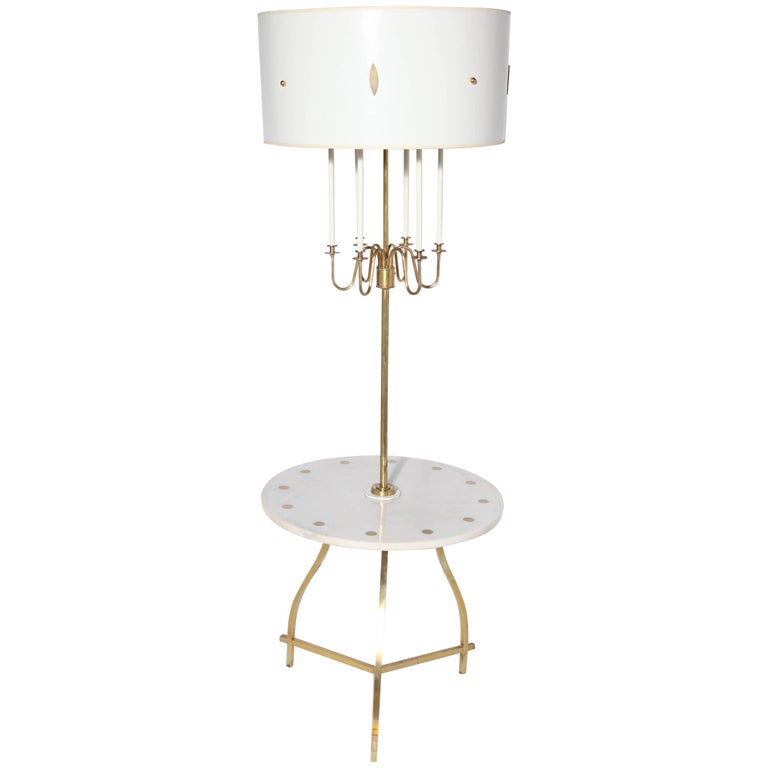 Tiered Candlestick Floor Lamp with White Marble Side Table and White Shade For Sale at 1stdibs