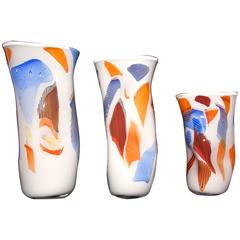 Davide Dona Set of 3 Free-Form White Orange Red Blue Murano Art Glass Vases 9