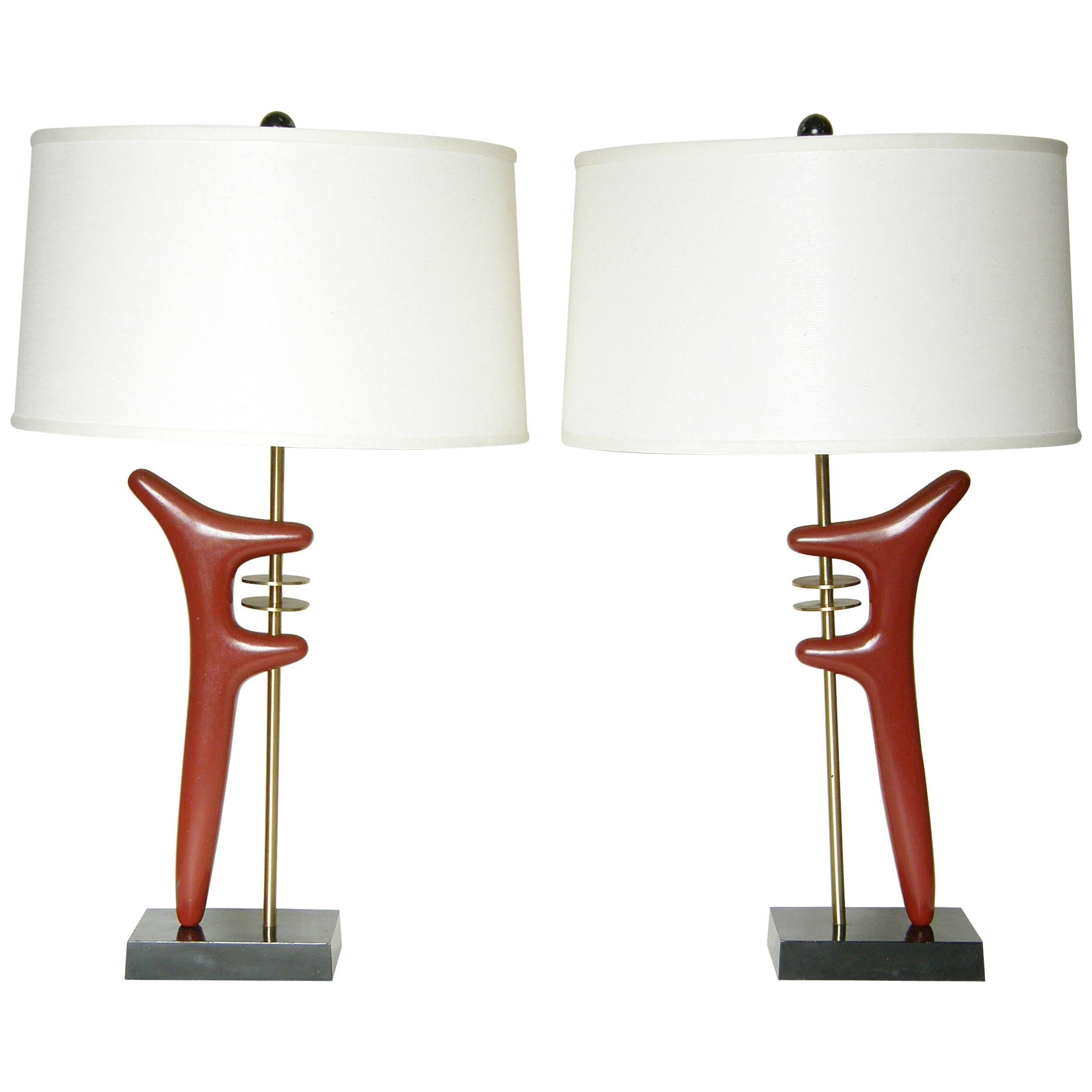 Pair of Sculptural Brass and Enameled Metal Table Lamps