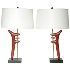 Pair of Sculptural Brass and Enameled Metal Table Lamps