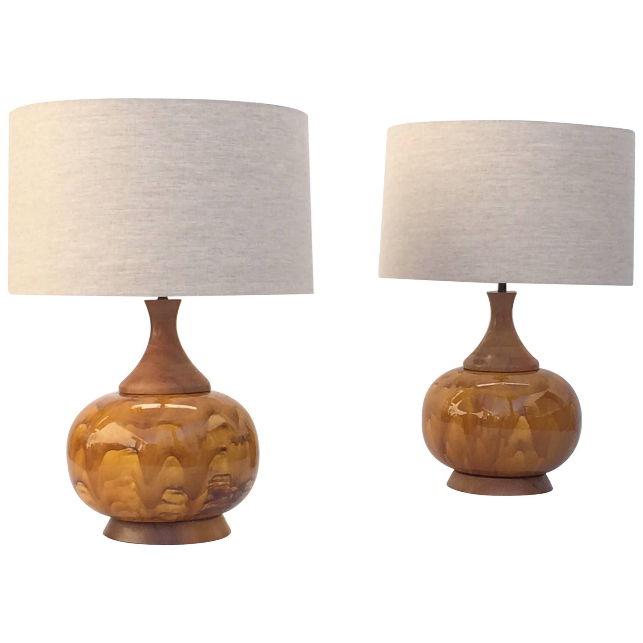 Large Pair of Drip Glazed Ceramic Lamps