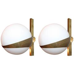 Pair of Stilnovo Style Brass Sconces with White Glass Balls 10