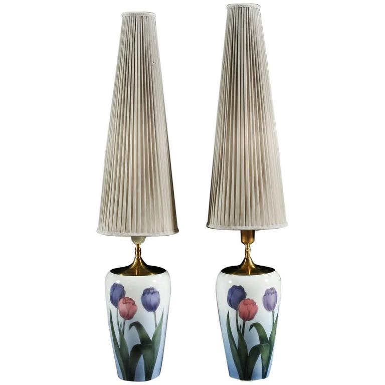 Pair of Danish Tulip Decorated Porcelain Lamps by Bing and Grondahl For