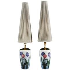 Pair of Danish Tulip Decorated Porcelain Lamps by Bing and Grondahl