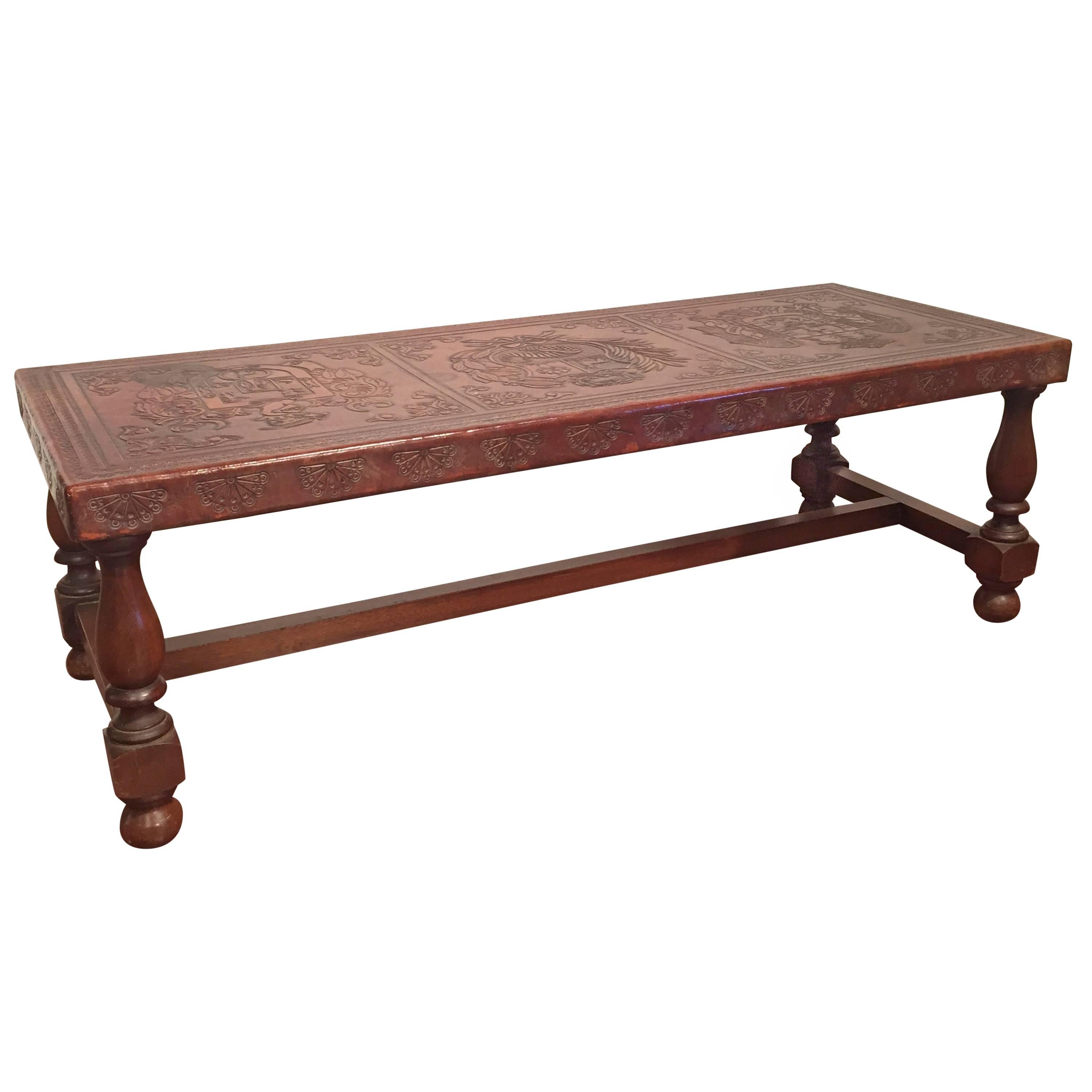 Antique French Bench with Tool Leather Top with Three Embossed Crests