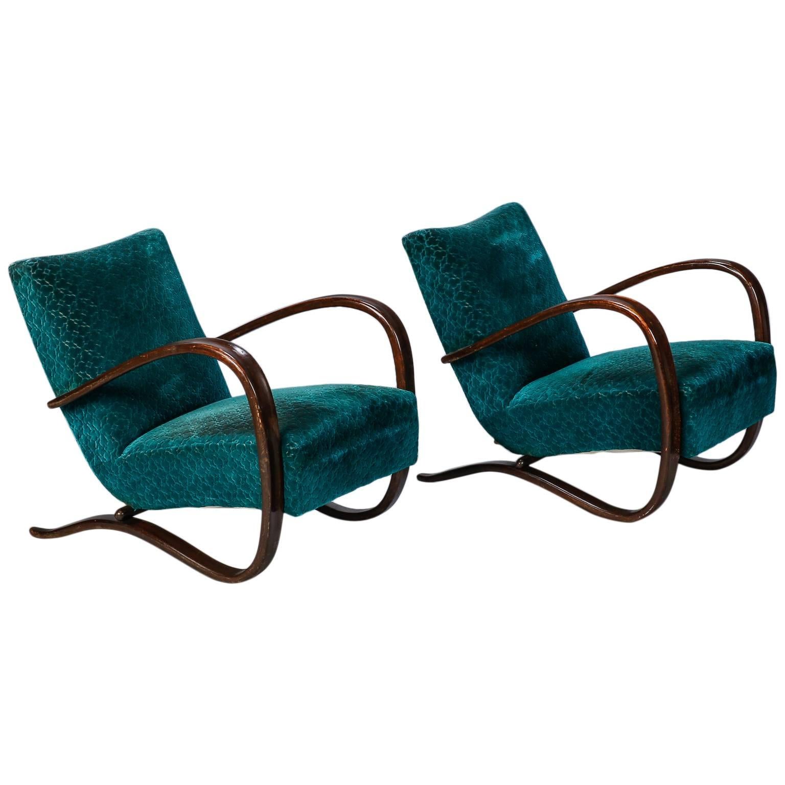 Pair of Art Deco Jindrich Halabala H269 Lounge Chairs with Velvet Upholstery