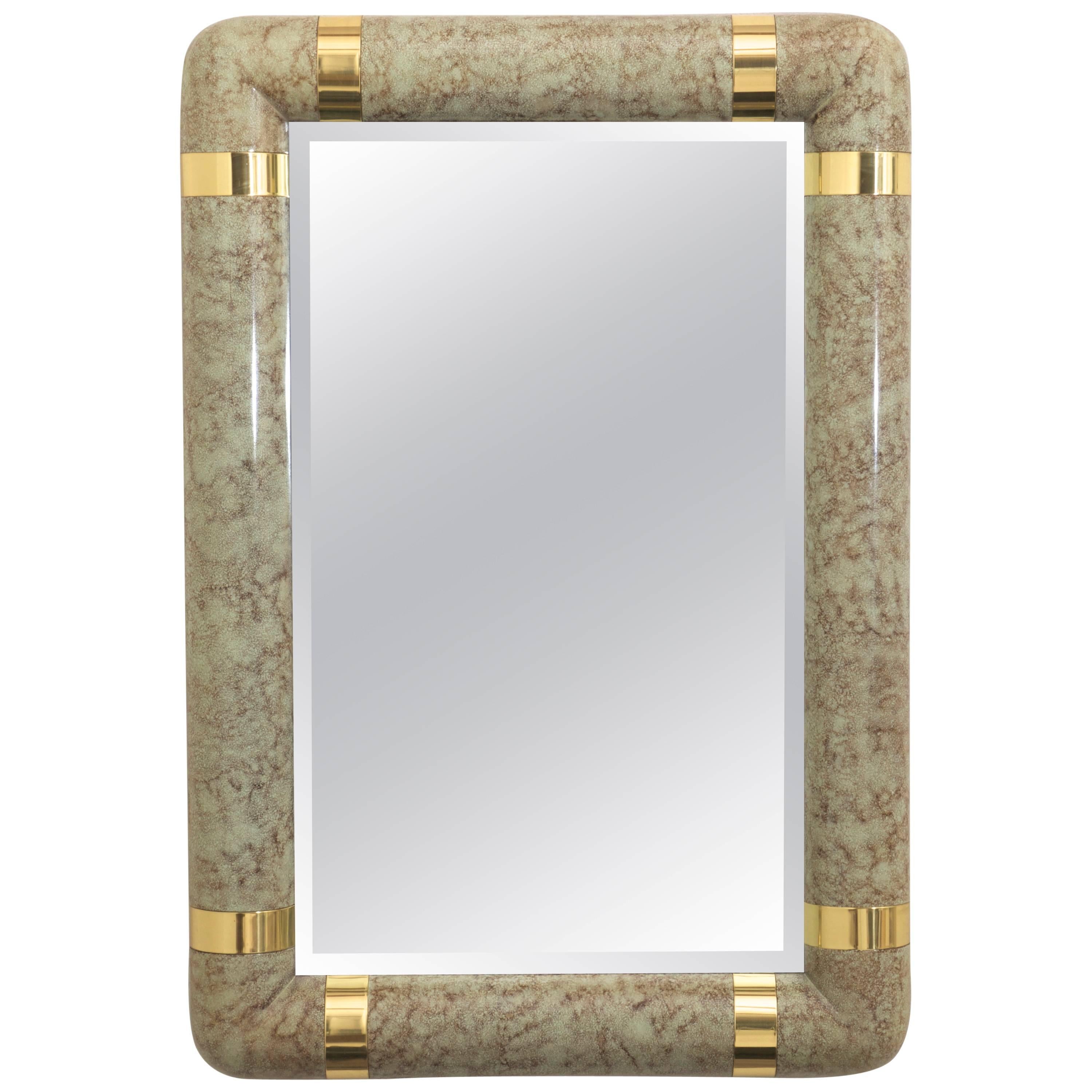 Karl Springer Style Faux Parchment and Brass Mirror For Sale