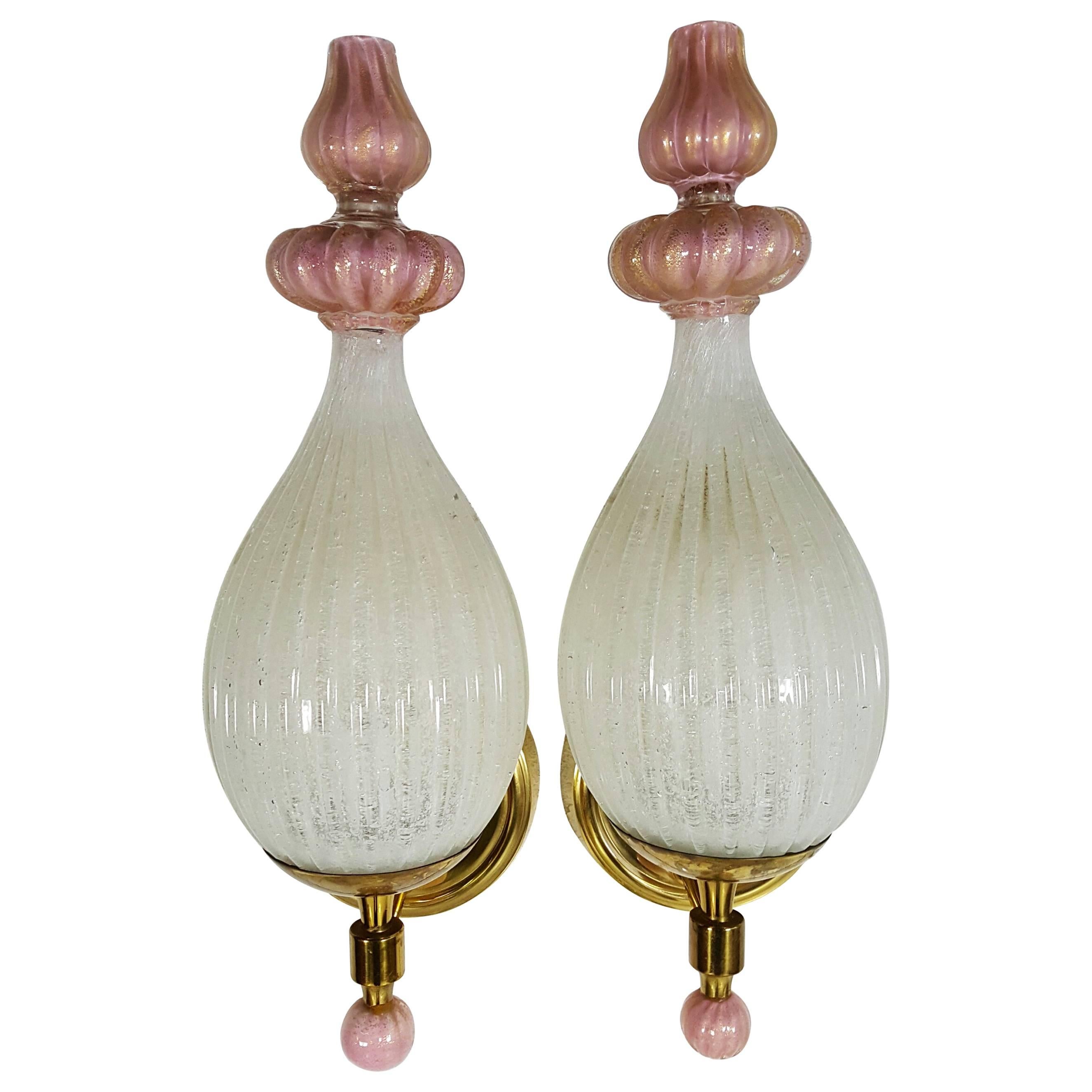 Pair of 1950s Lightolier Murano and Brass Sconces, Barovier & Toso