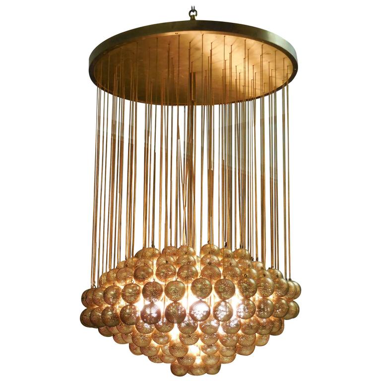 Large Brass Chandelier with Perforated Spheres by Zero Quattro at 1stDibs