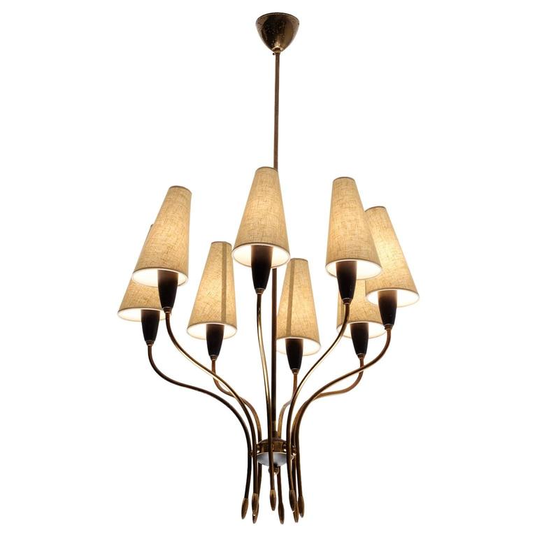 French Chandelier in Brass with Eight Shades For Sale at 1stdibs