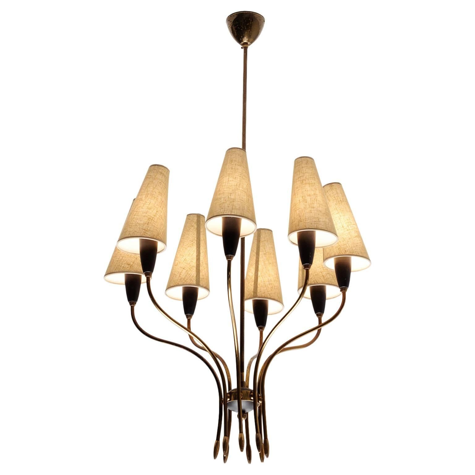 French Chandelier in Brass with Eight Shades