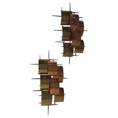 Brutalist Pair of Curtis Jere Style Wall-Mounted Sculptures by Higgins