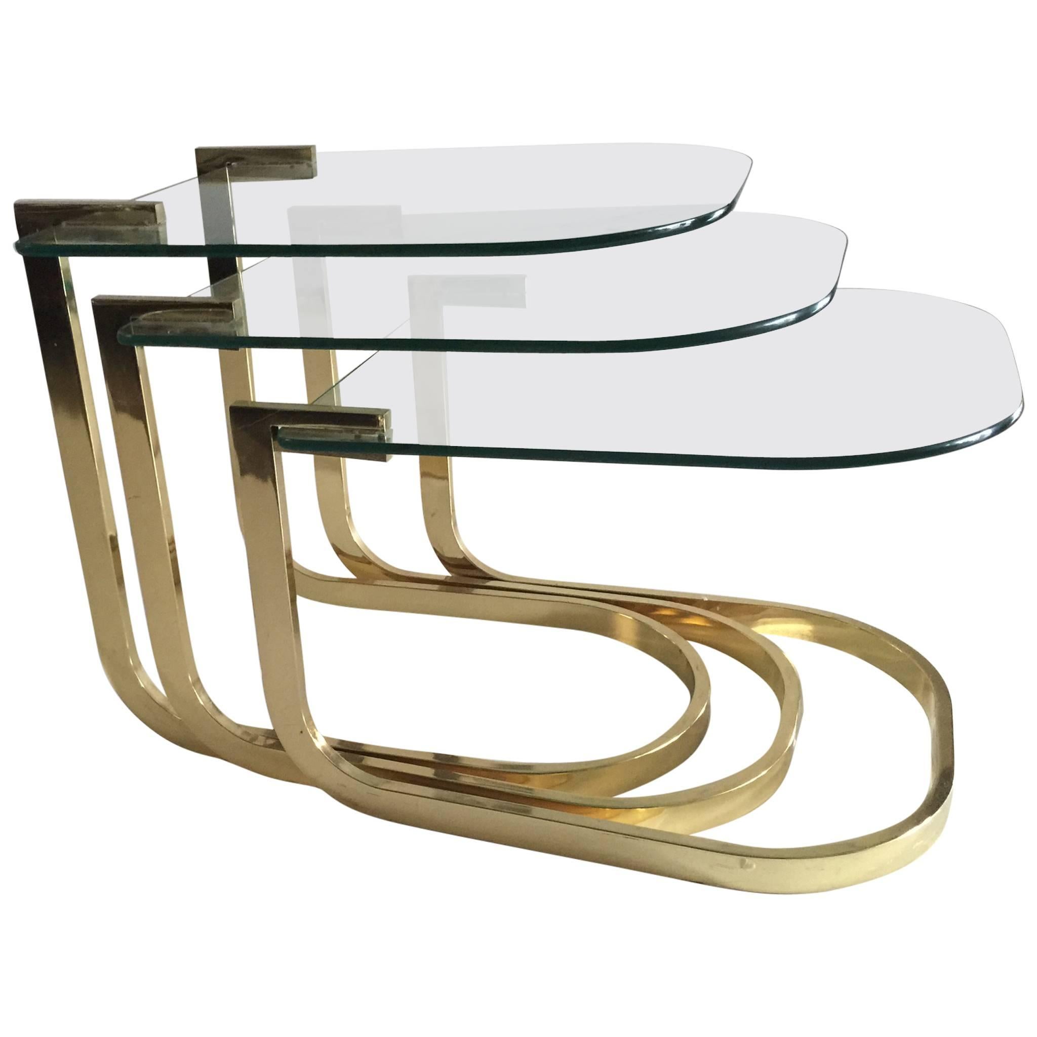 Modern Set of Three Brass Flat Bar Milo Baughman Nesting or Stacking Tables For Sale