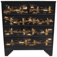 Chinese Black Lacquered & Stenciled Graduated Five Drawer Chest.  20th Century