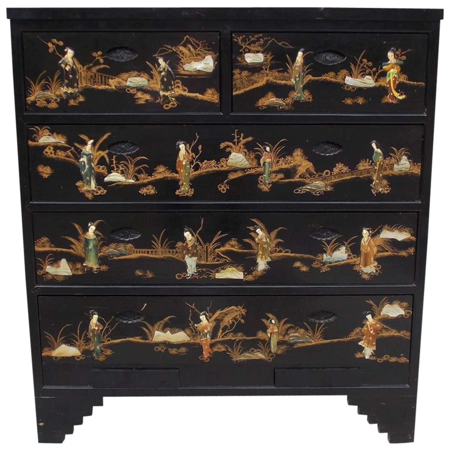 Chinese Black Lacquered and Stenciled Graduated Five Drawer Chest. 20th