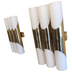 Unusual Pair of Triple-Light Brass Sconces in the Manner of Gio Ponti