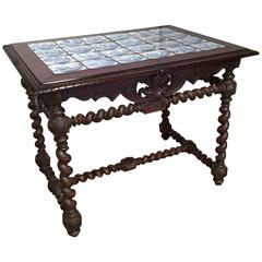 19th Century Walnut Table with 32 Blue and White Delft Biblical Scenes Tiles