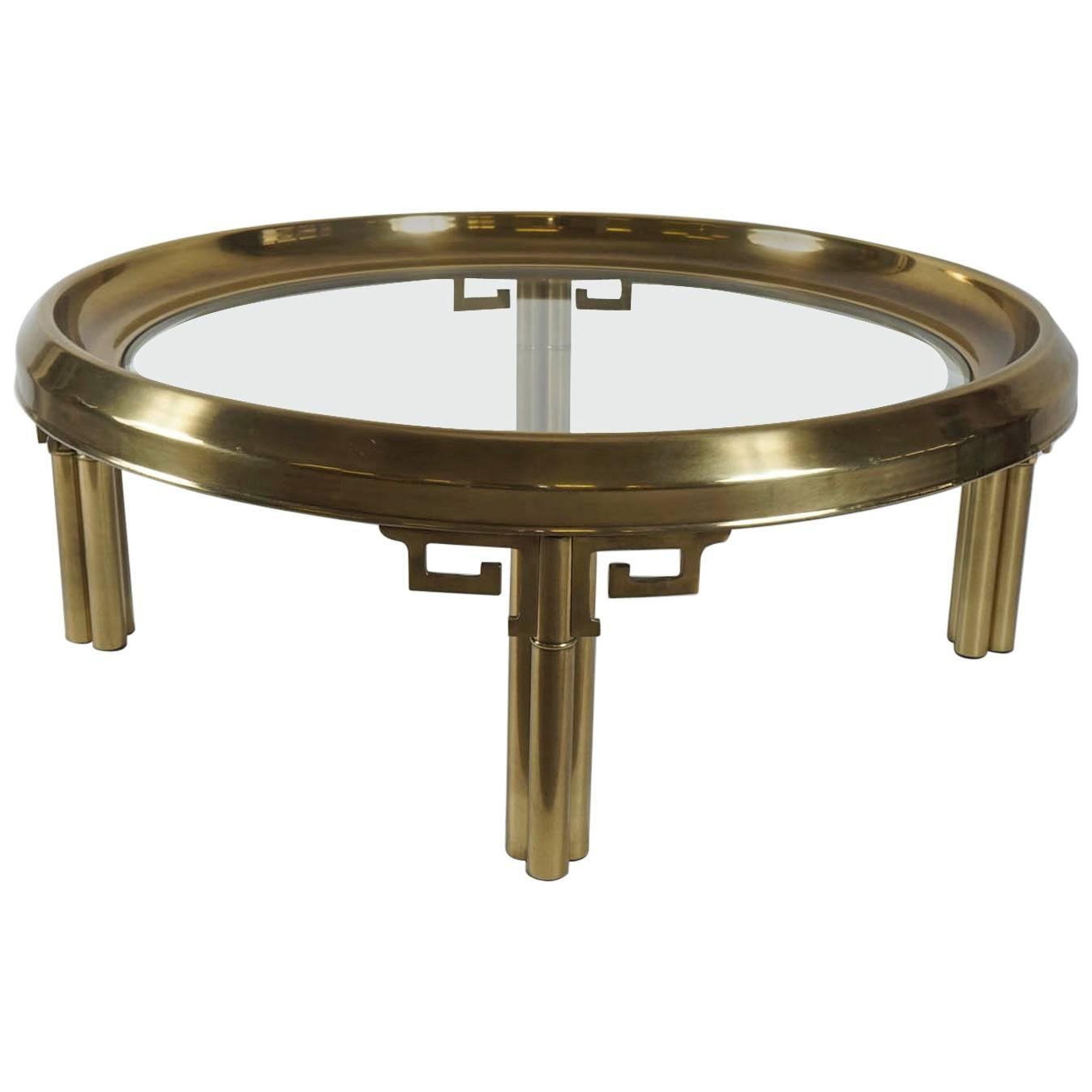 1970's mastercraft round brass coffee table with greek key detail For Sale