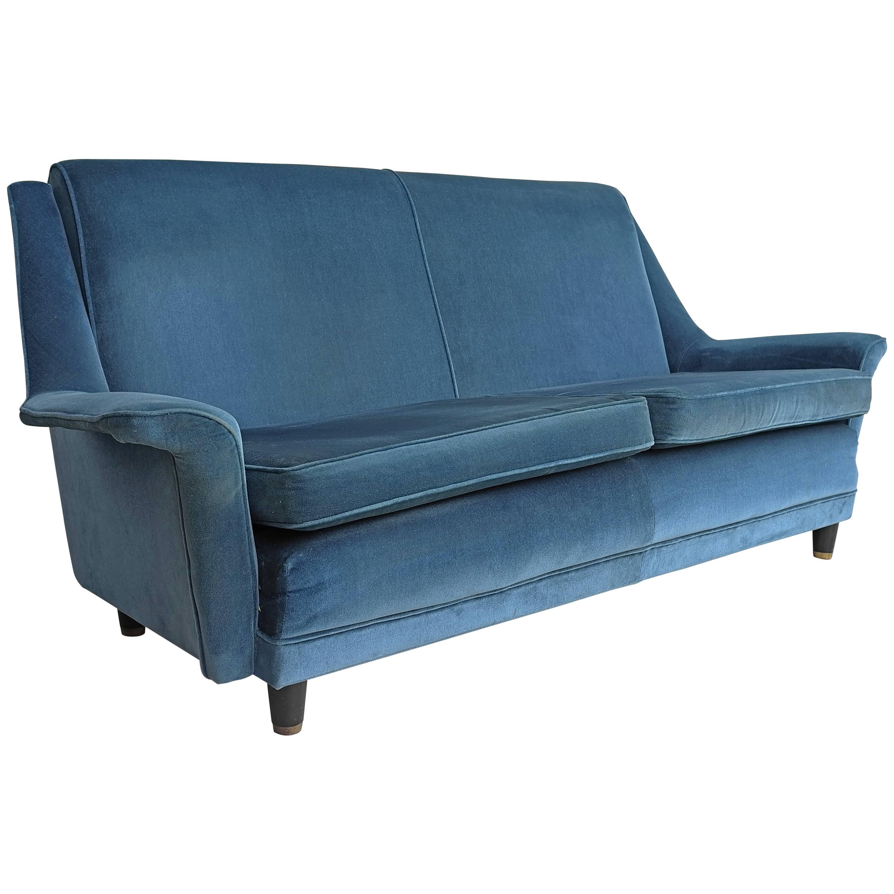 Two-Seat Sofa in Original Blue Velvet, Italy, 1950s