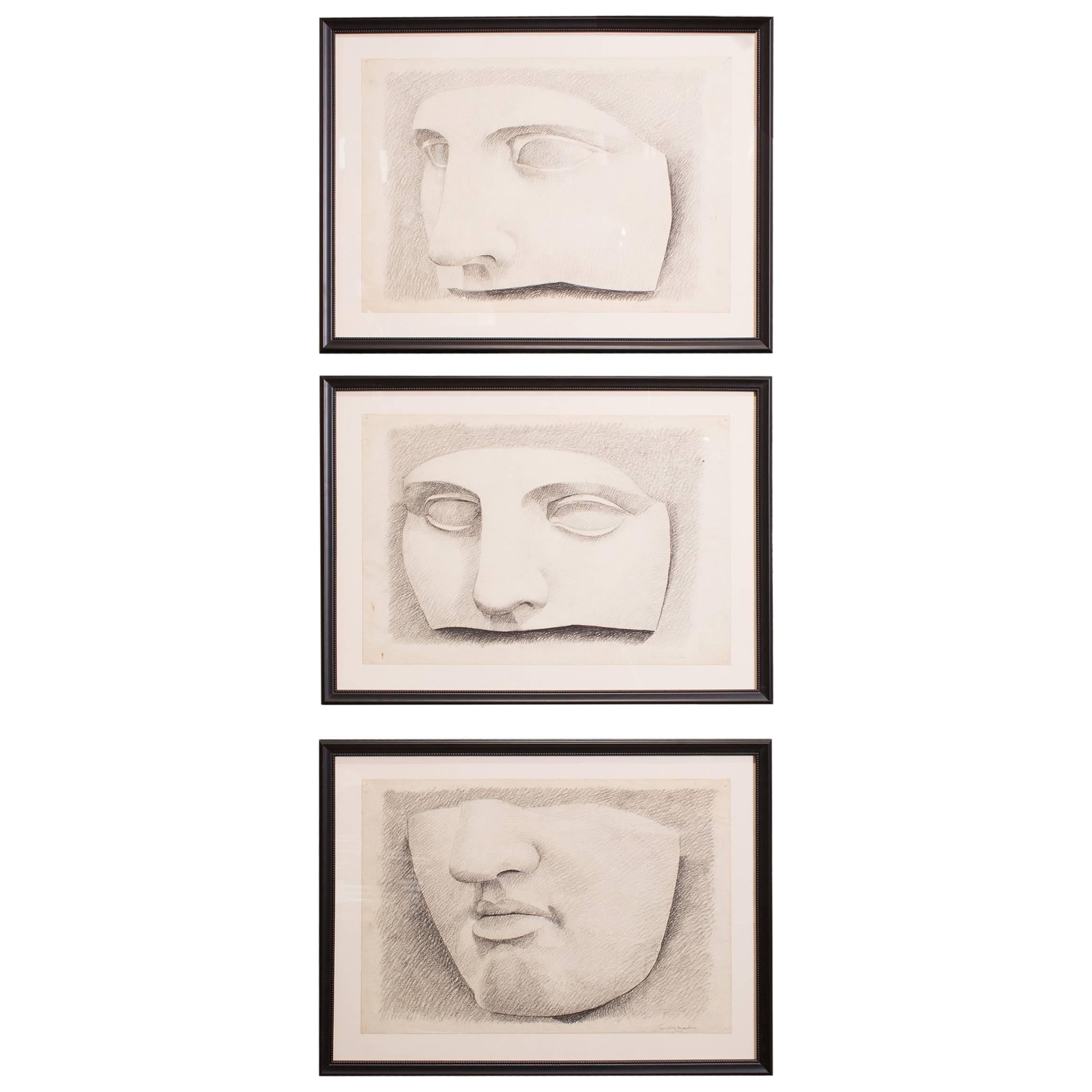 Set Three Framed Belgian Original Graphite Drawings of Classical Sculpture