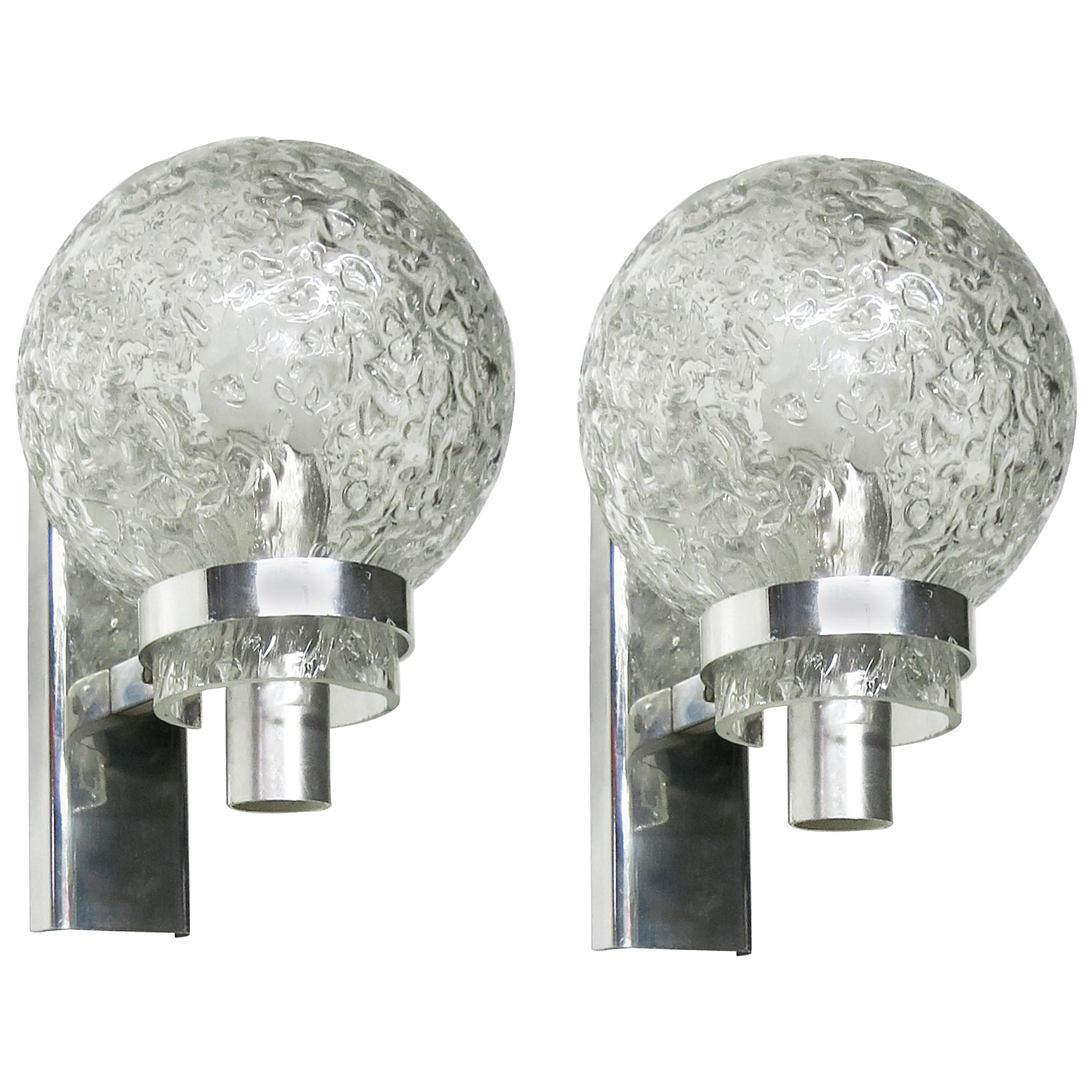 Pair of Sconces chrome with textured glass shade Circa 1970 Made in Italy