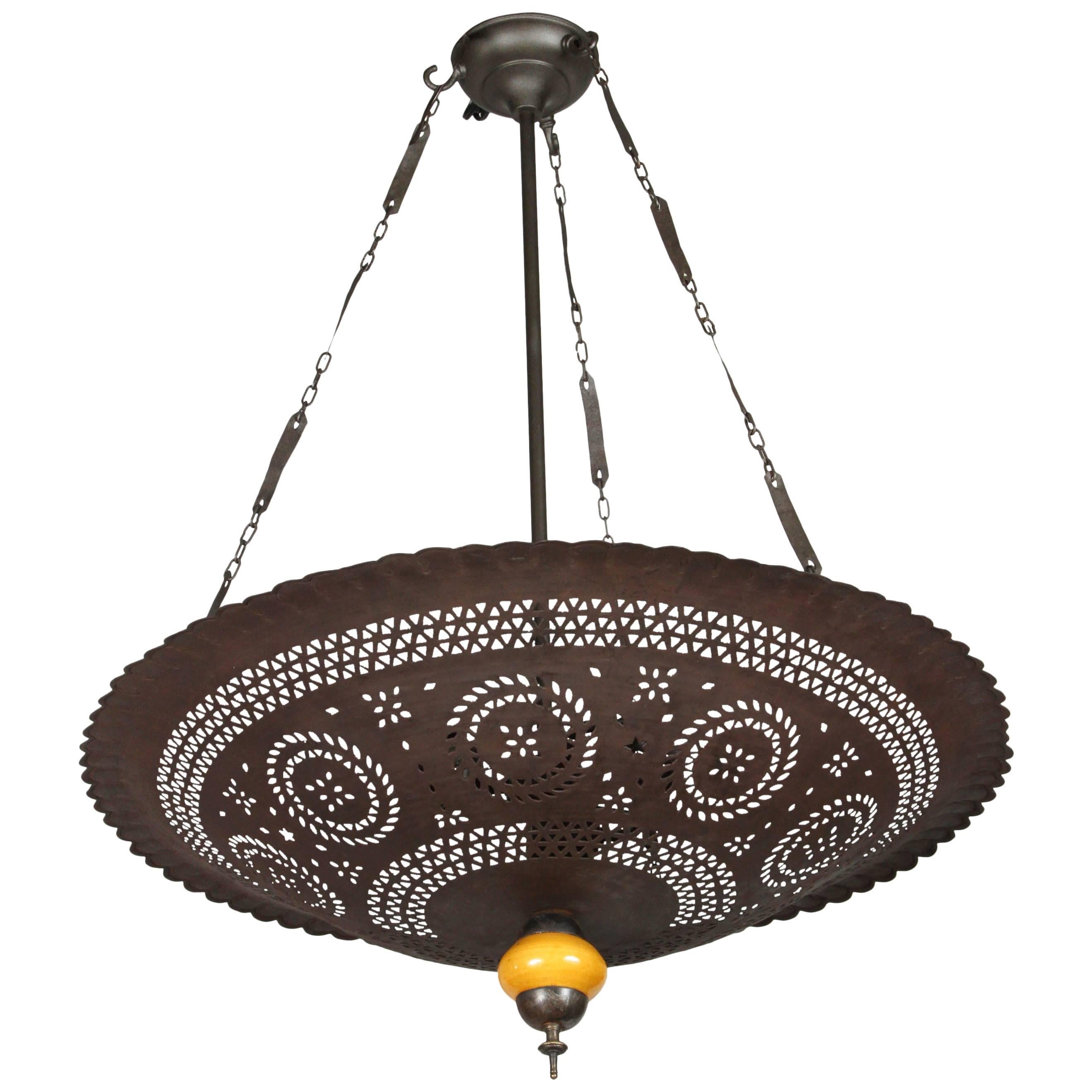 Moroccan Hanging Metal Chandelier with Yellow