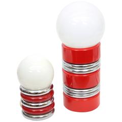 Pair of Vintage Chrome and Red Enamel Globe Table Lamps, Spain 1970s 6