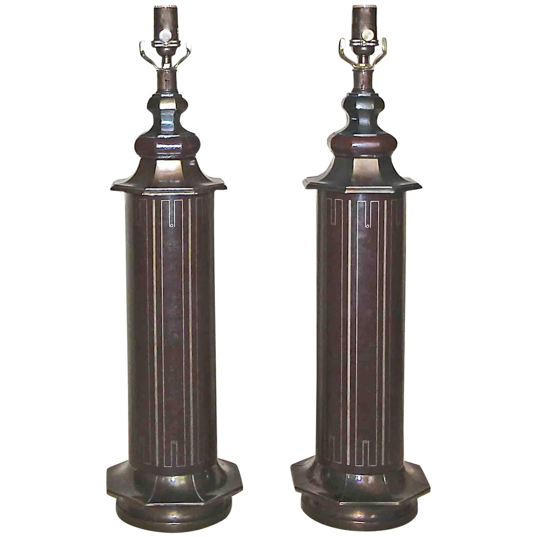 Pair Parzinger Style Tooled Leather Table Lamps For Sale