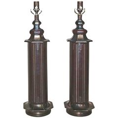 Pair Parzinger Style Tooled Leather Table Lamps 8