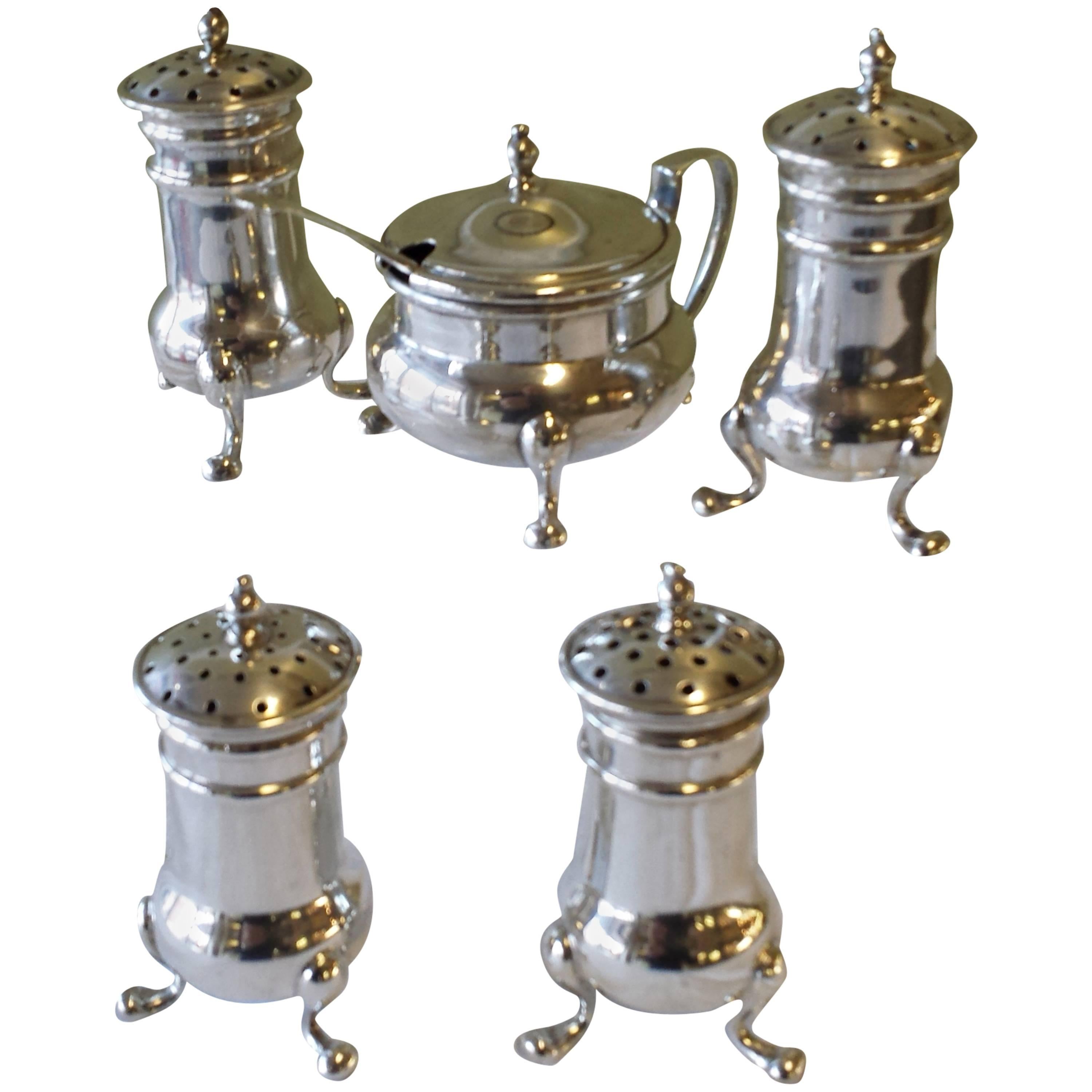Five-Piece Sterling Silver Condiment Set and Spoon Retailed by Birks