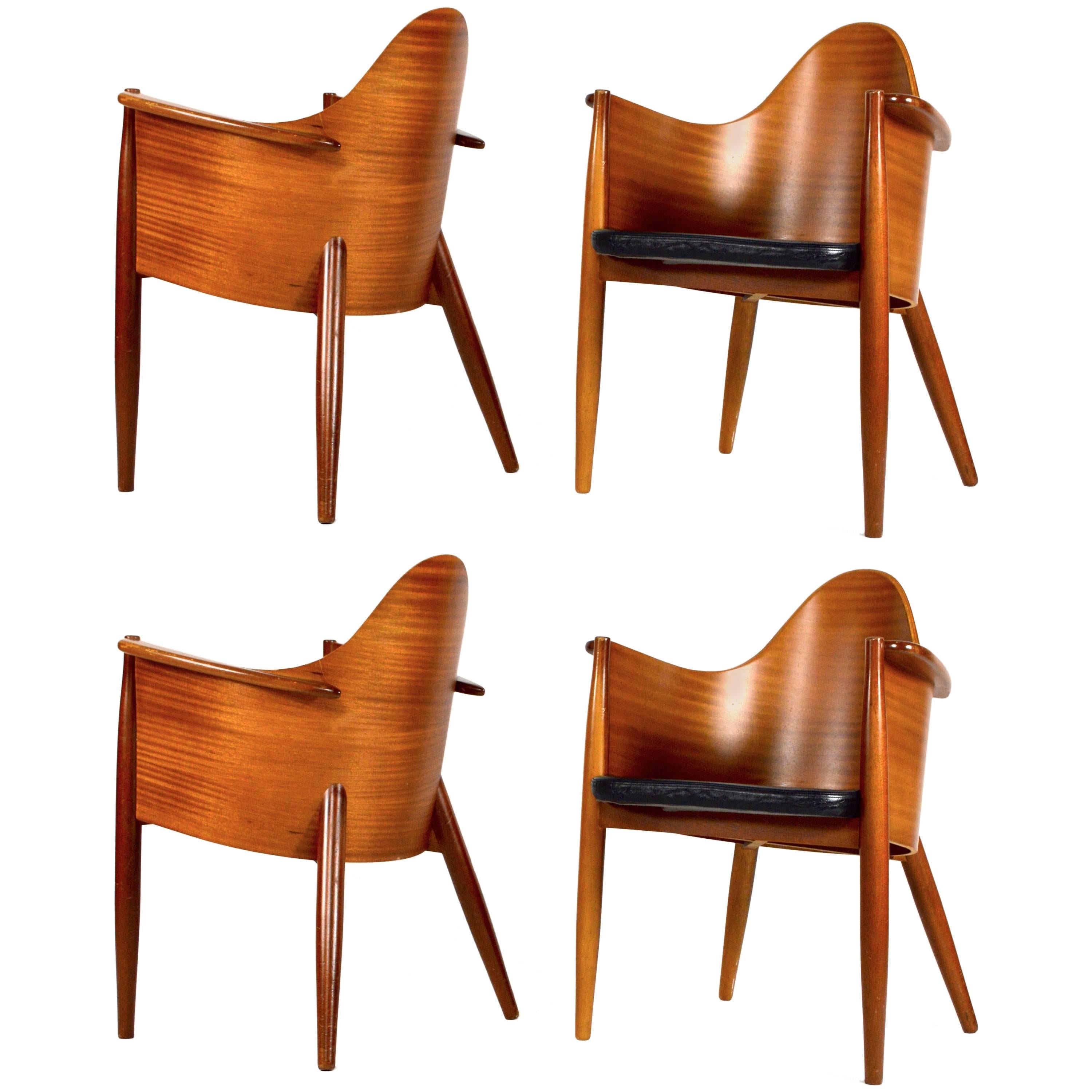 Very rare set of 4 Scandinavian Teak Plywood / Leather Side Chairs - Mid Century