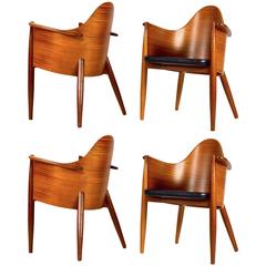Very rare set of 4 Scandinavian Teak Plywood / Leather Side Chairs - Mid Century