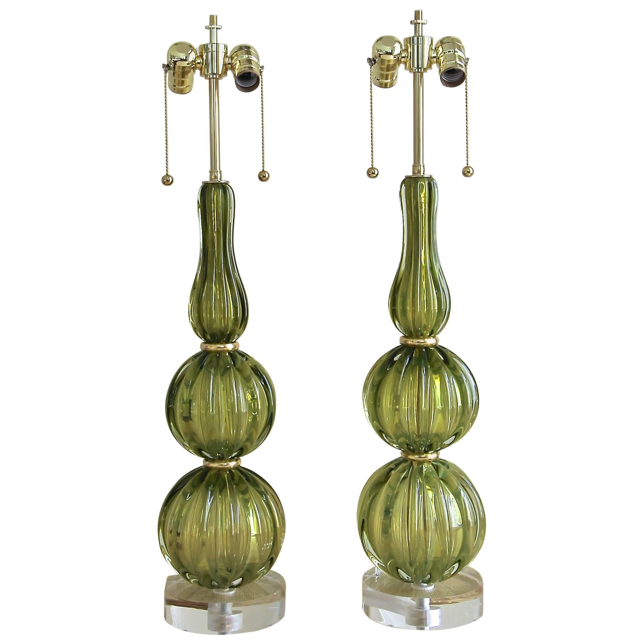 Pair of Absinthe Colored Ribbed Murano Seguso Glass Lamps