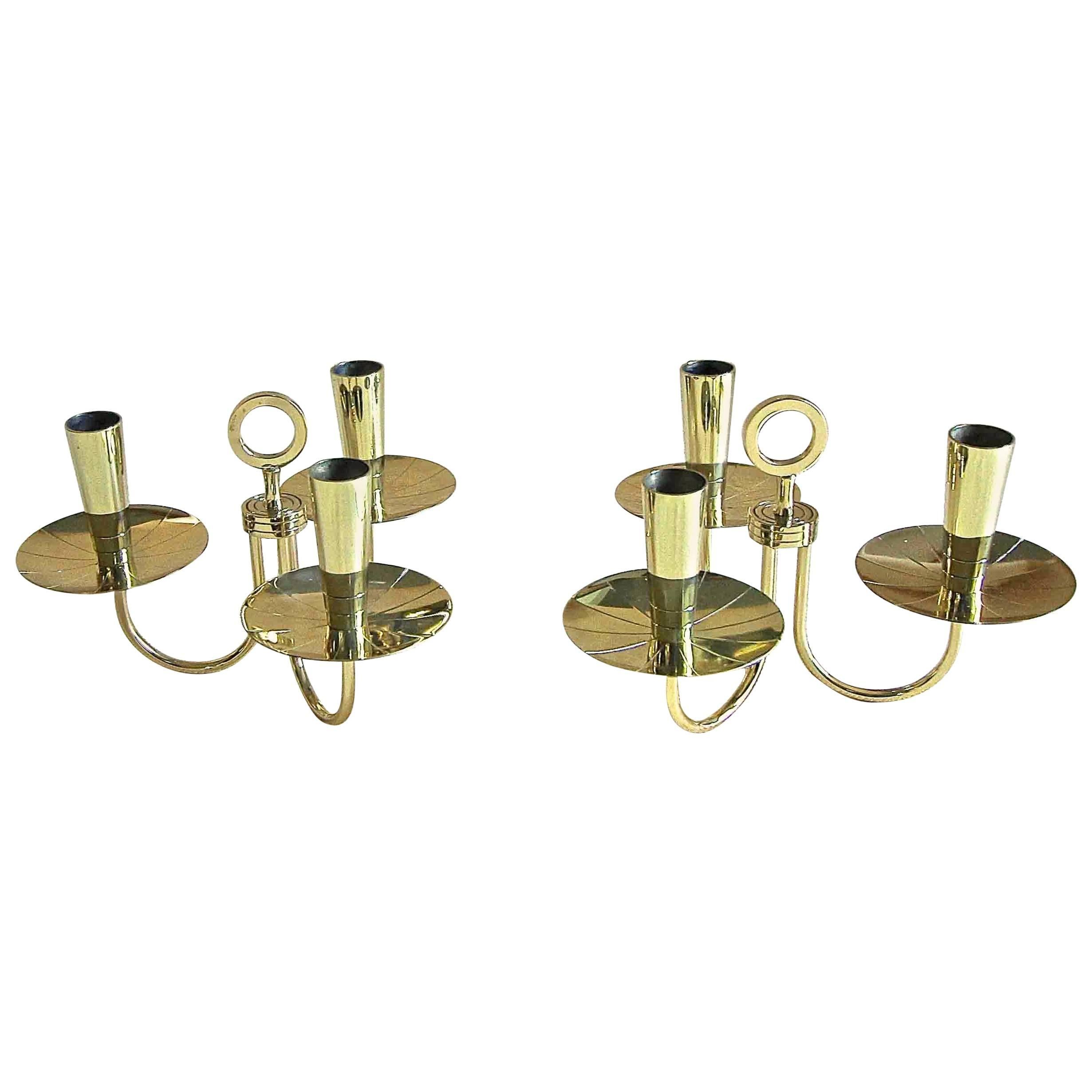 Pair of Parzinger Three-Arm Brass Candelabras For Sale