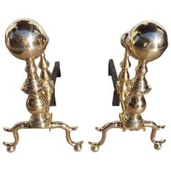 Used Pair of American Brass Ball Top Andirons, Boston, Circa 1800