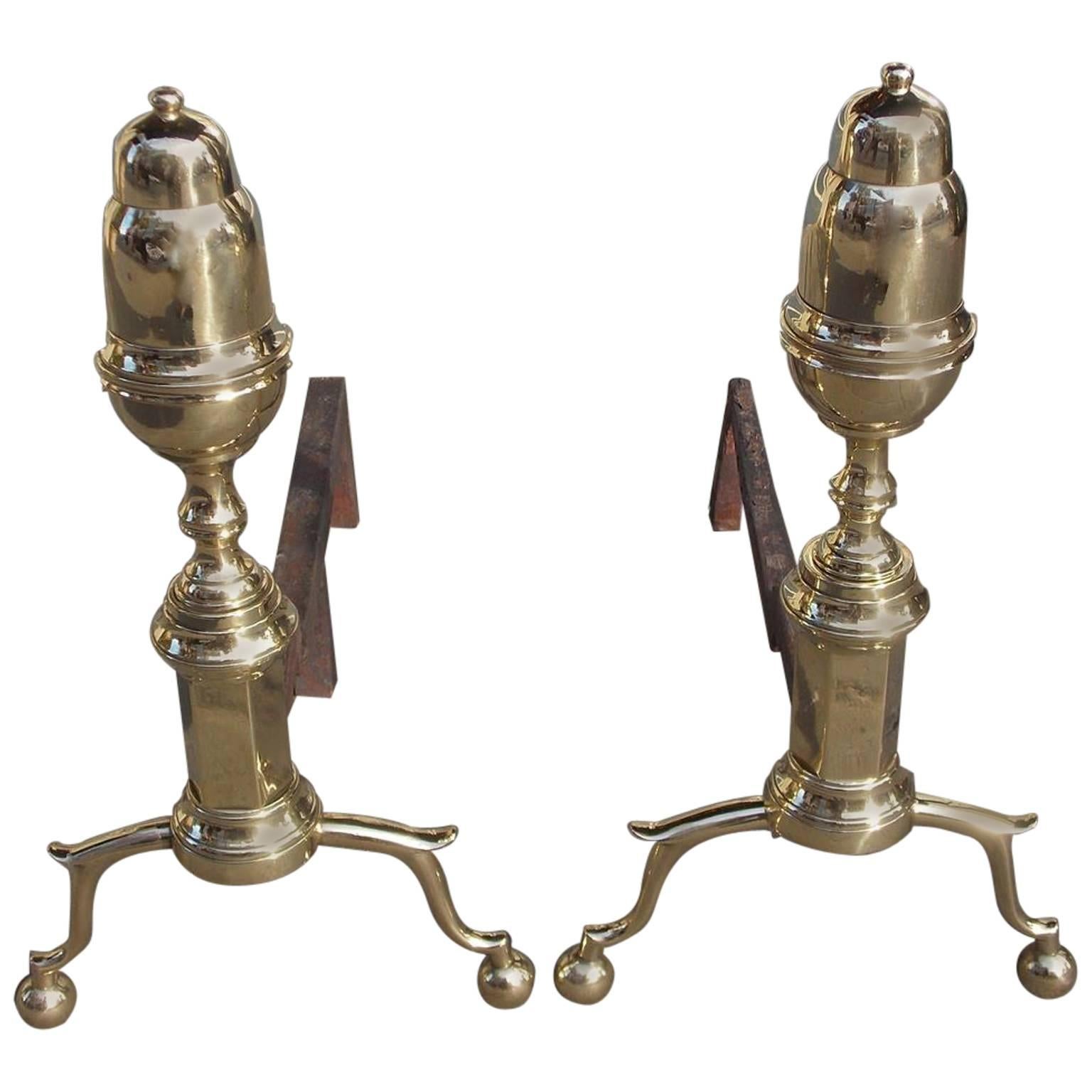 Pair of American Brass Elongated Acorn Top Andirons, New York, Circa 1800
