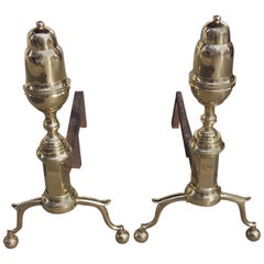 Antique Pair of American Brass Elongated Acorn Top Andirons, New York, Circa 1800