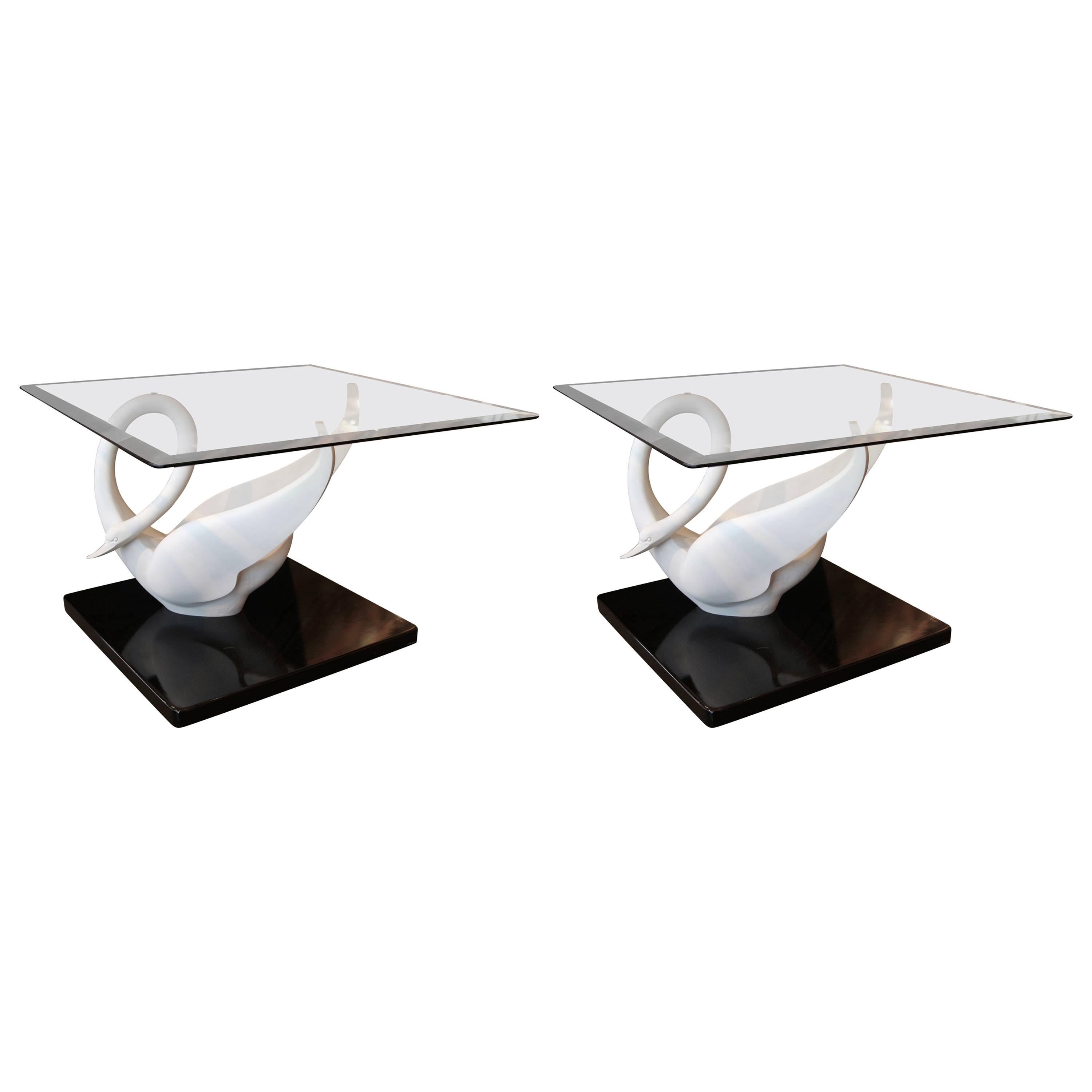 Pair of Pretty Resin Swan Tables Signed San Sen with Bevel Glass Tops ...