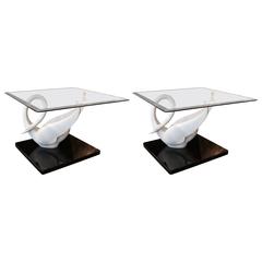 Pair of Pretty Resin Swan Tables Signed San Sen with Bevel Glass Tops