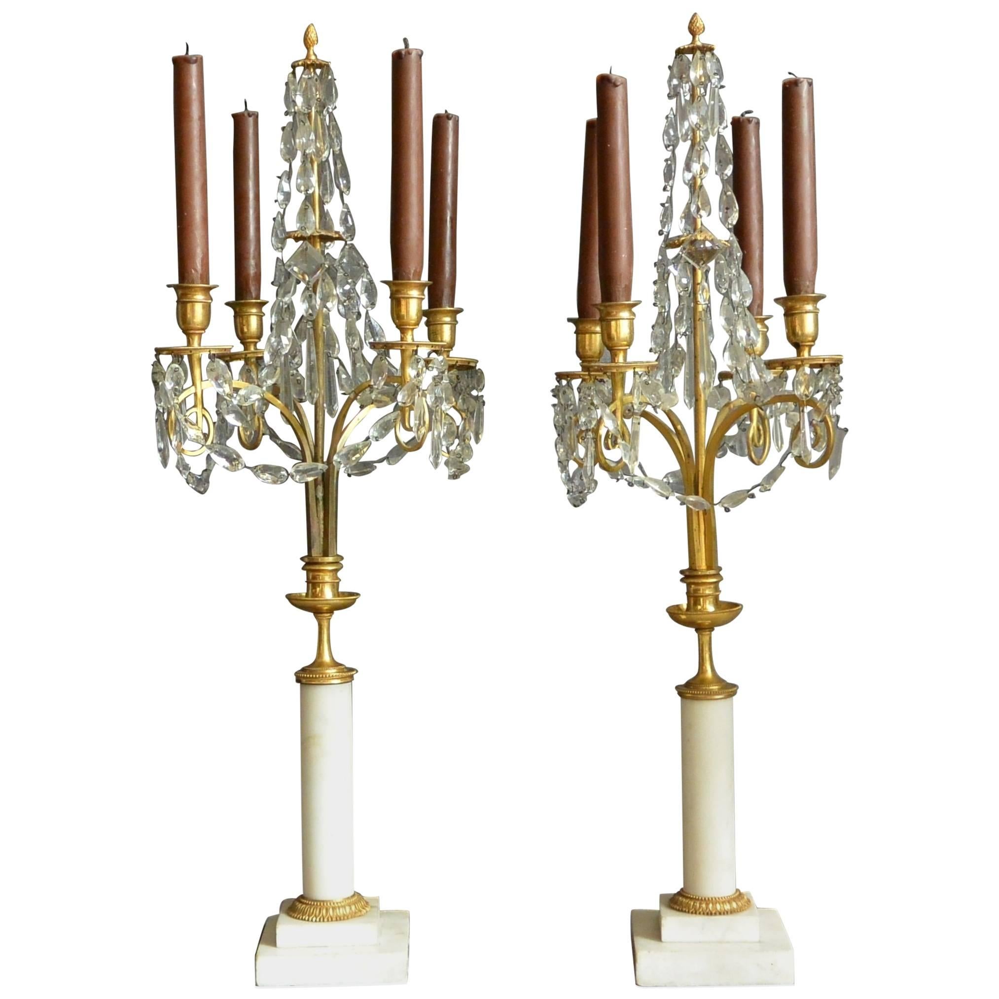 Pair of Continental Crystal and Marble Candelabra