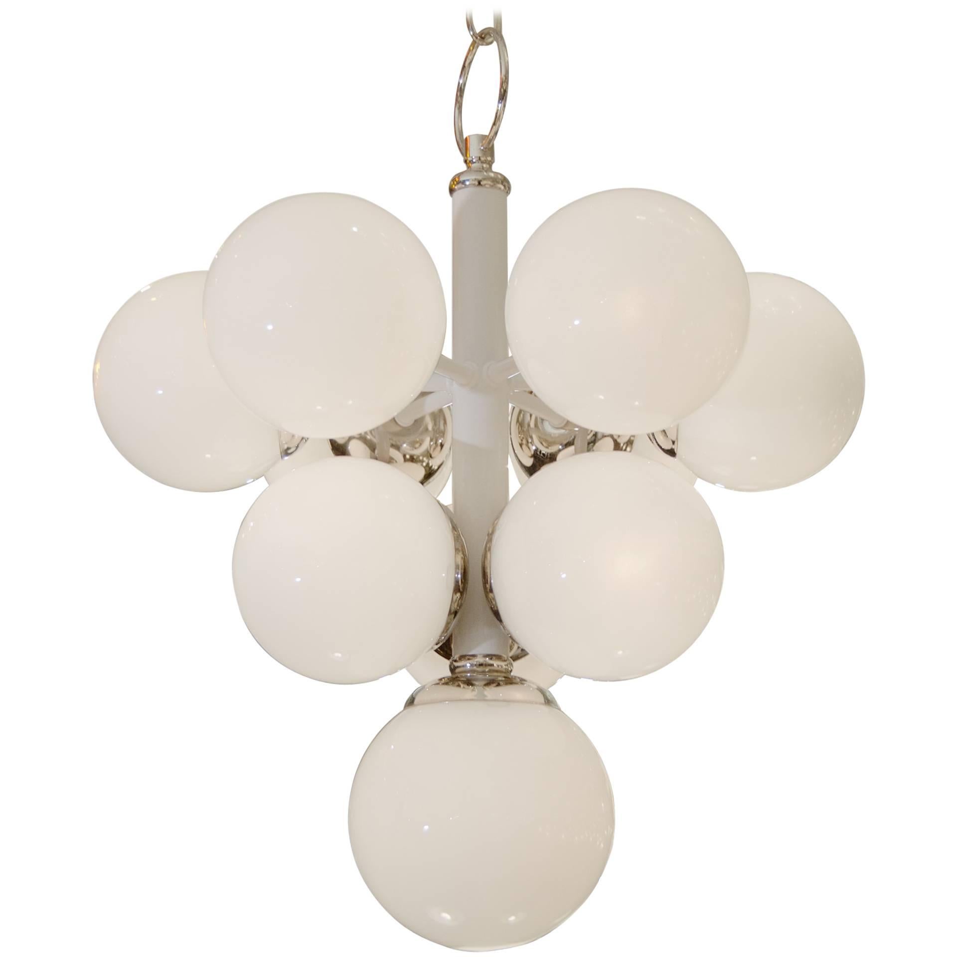 White Enameled Pyramid Chandelier with Gloss Opal Globes For Sale