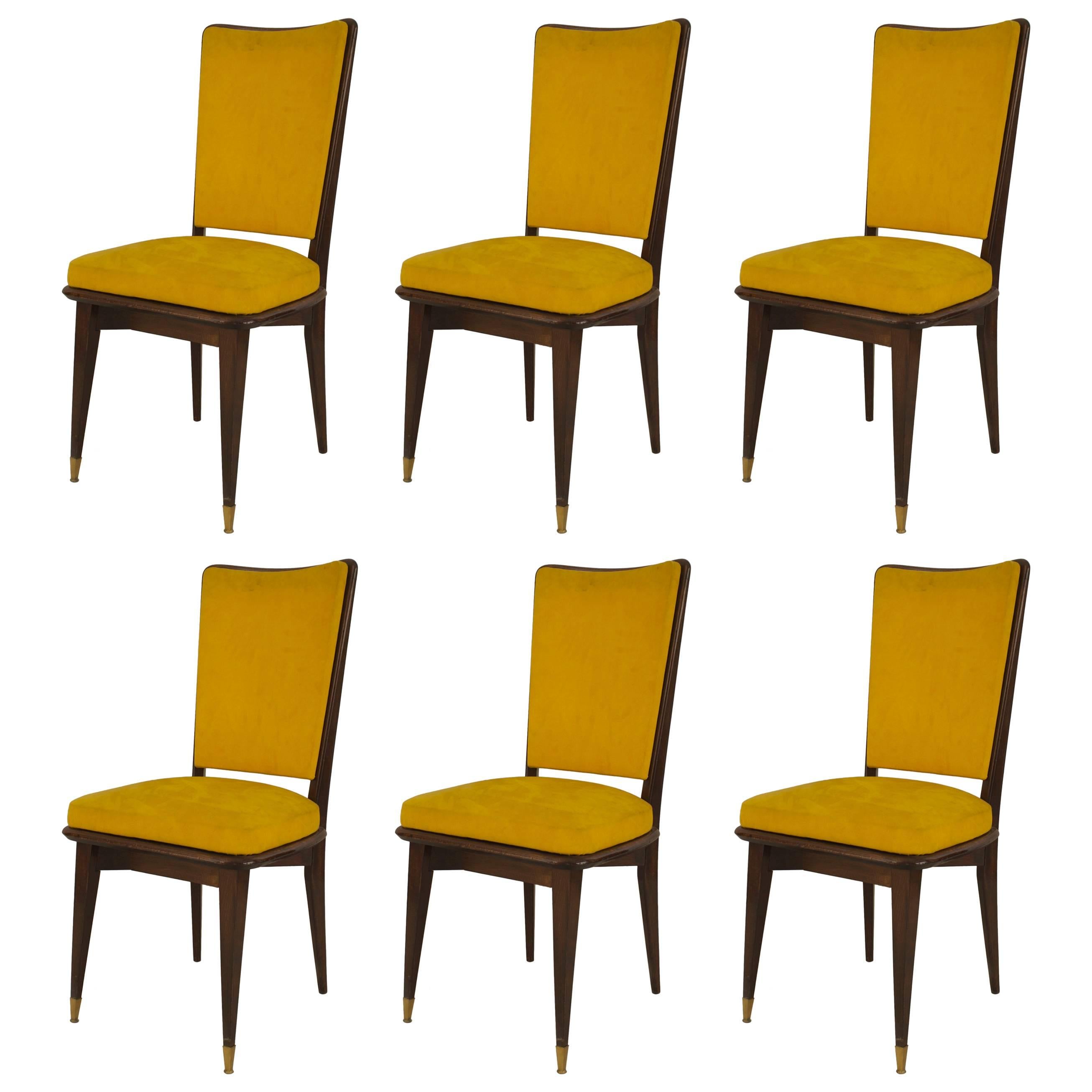 Set of six 1940s Upholstered Ebonized Side Chairs, Attributed to Jansen