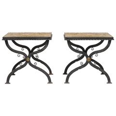 Pair of Tile Inlaid Wrought Iron X-Base Side Tables
