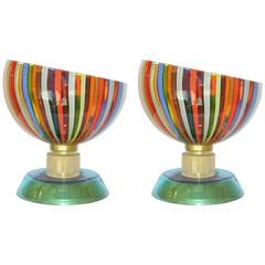 Cenedese 1970s Pair of Murano Glass Lamps with Blue Green Orange White Stripes