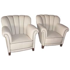 Pair of Large-Scale Danish, 1940s Channeled Back Club Chairs