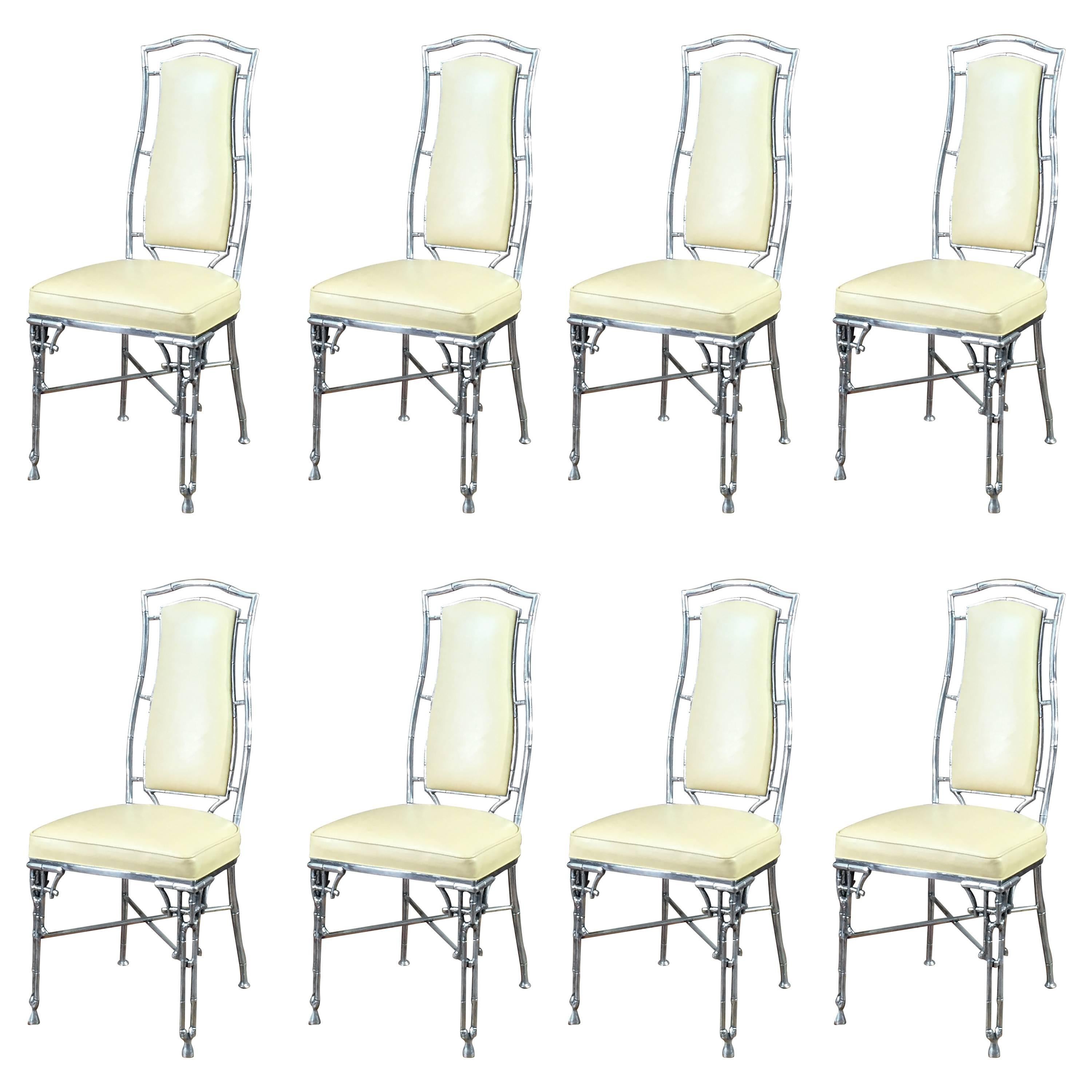 Eight Polished Aluminum Faux Bamboo Dining Chairs